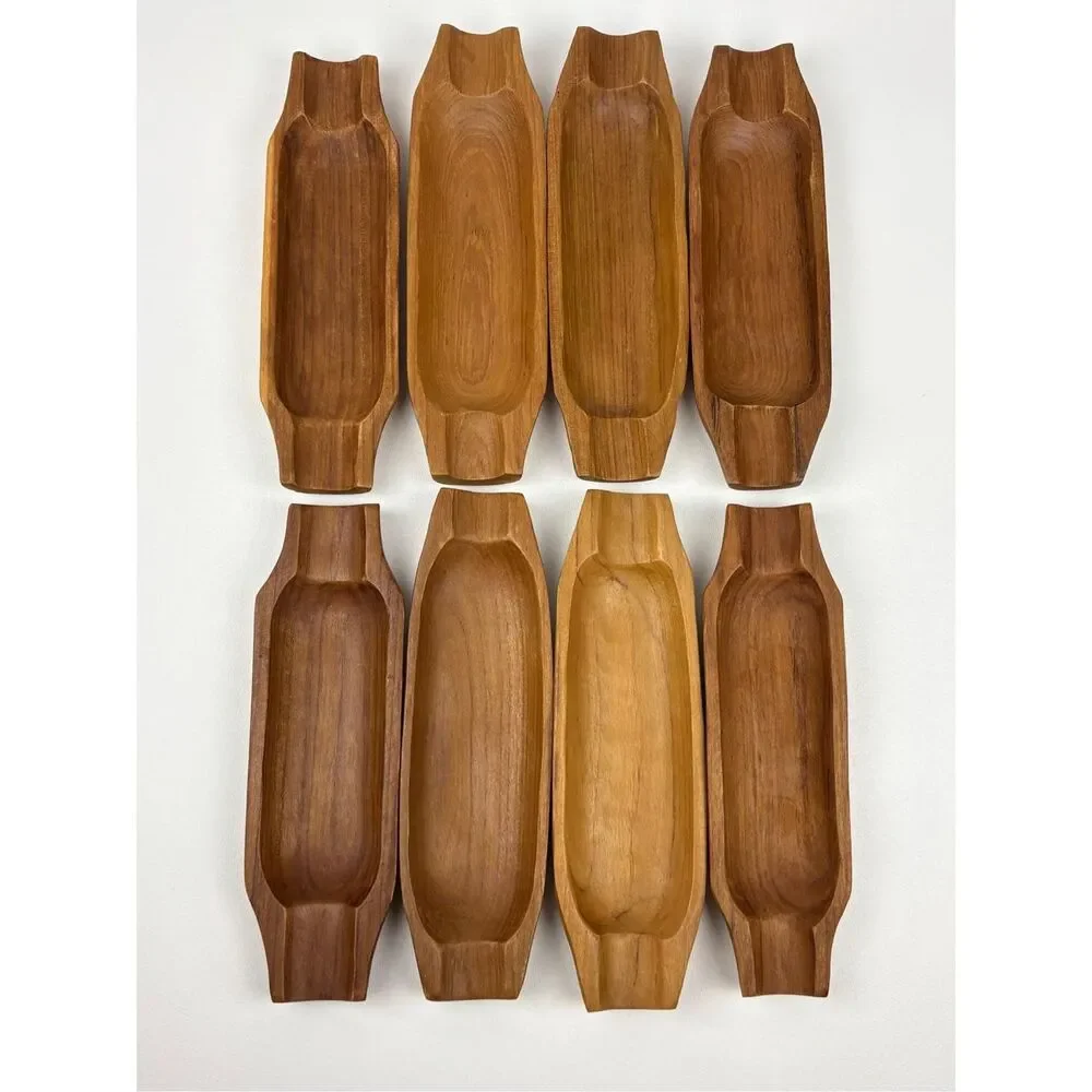 Corn-On-The Cob Hand Carved Teak Wood Trays Holders Set of 8 M2614